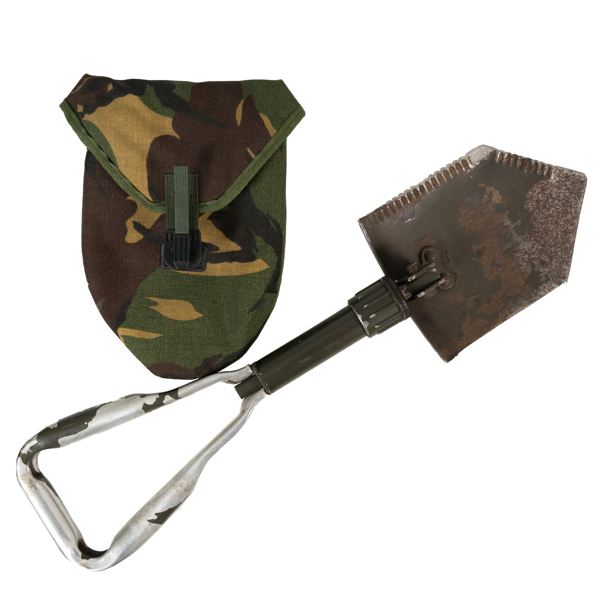 Genuine Dutch Army 3-way folding shovel with carbon steel serrated spade head and original DPM camouflage carry pouch.
