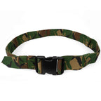 Genuine Dutch Army woodland camo belt with black snap-lock buckle, 130cm adjustable length.