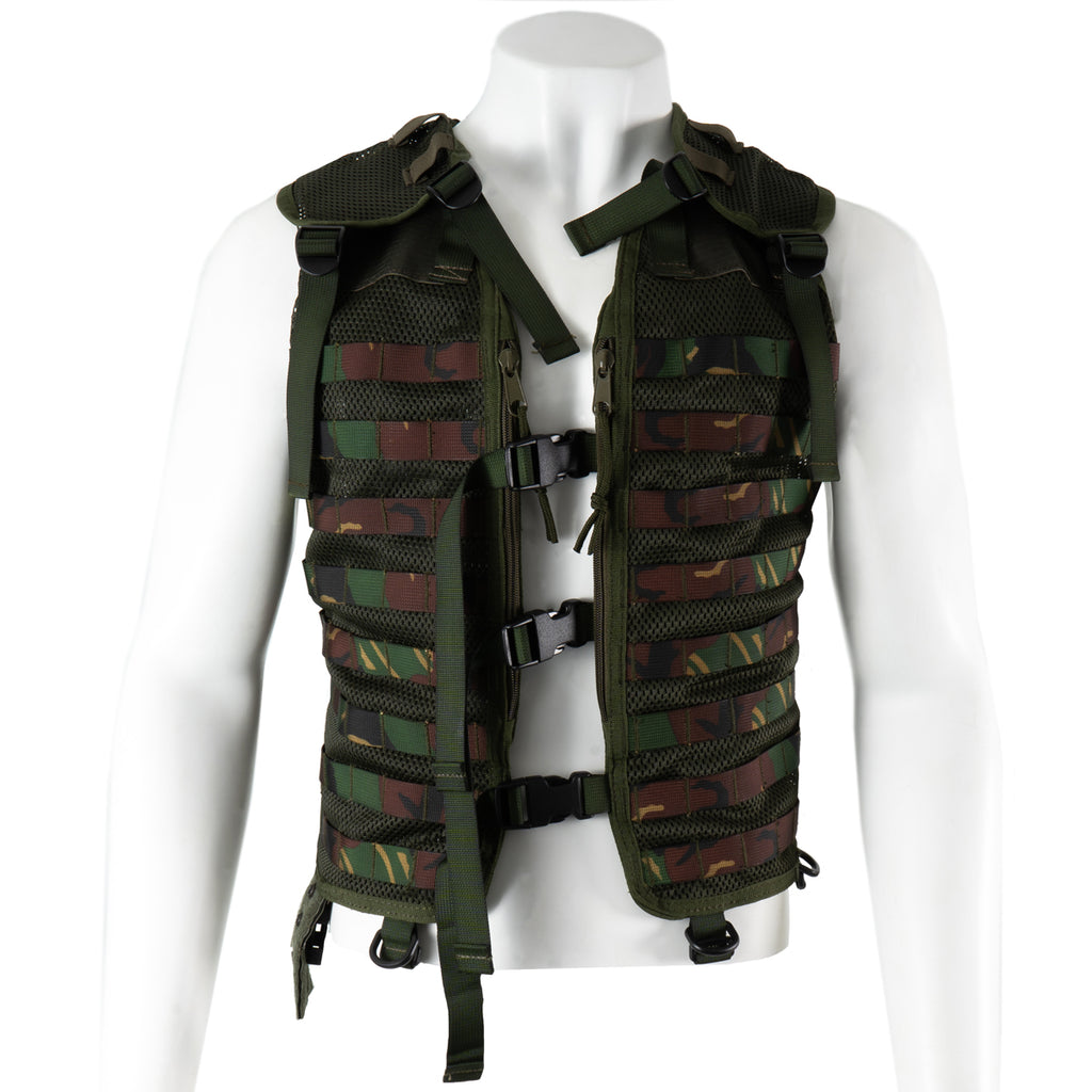 Front view of Dutch Army Molle vest in woodland camouflage featuring breathable mesh panels and quick-release buckles.