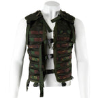 Front view of Dutch Army Molle vest in woodland camouflage featuring breathable mesh panels and quick-release buckles.