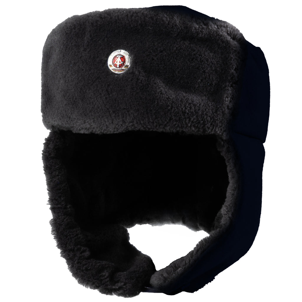 Navy blue East German Army Ushanka hat with fleece lining and authentic NVA military insignia badge.