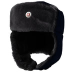 Navy blue East German Army Ushanka hat with fleece lining and authentic NVA military insignia badge.