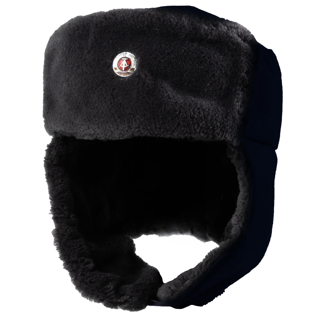 Navy blue East German Army Ushanka hat with fleece lining and authentic NVA military insignia badge.
