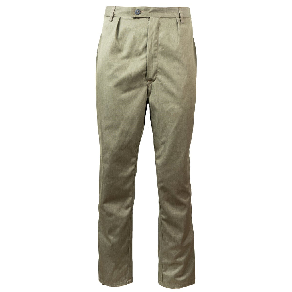 Full-length front view of authentic East German NVA field grey combat trousers featuring a secure button fly and belt loops.