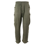 Original East German NVA field trousers in olive green, showing full-length view with cargo pockets and adjustable cuffs.
