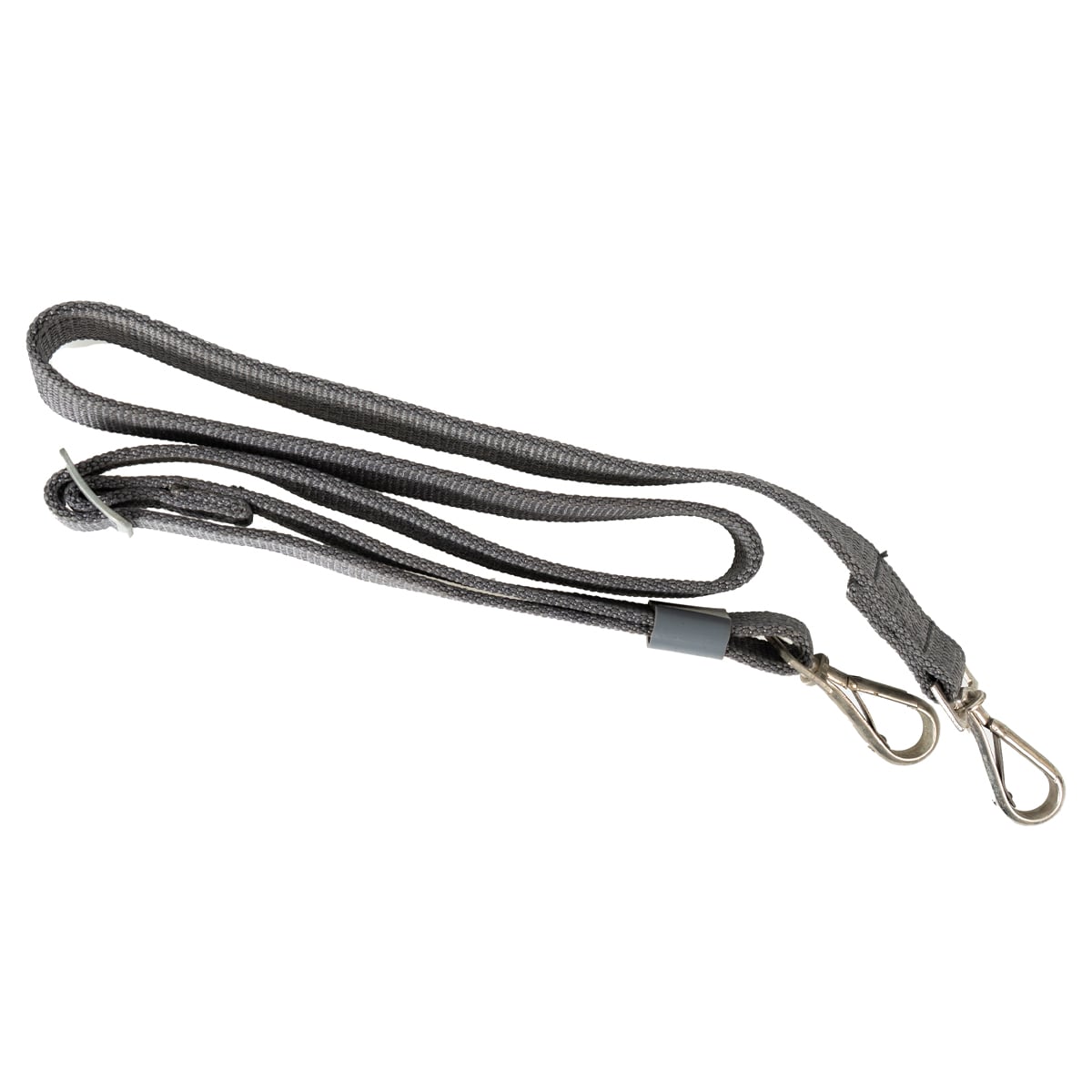 Original East German NVA grey nylon rifle sling featuring adjustable length and dual spring-loaded steel snap hooks for secure attachment.