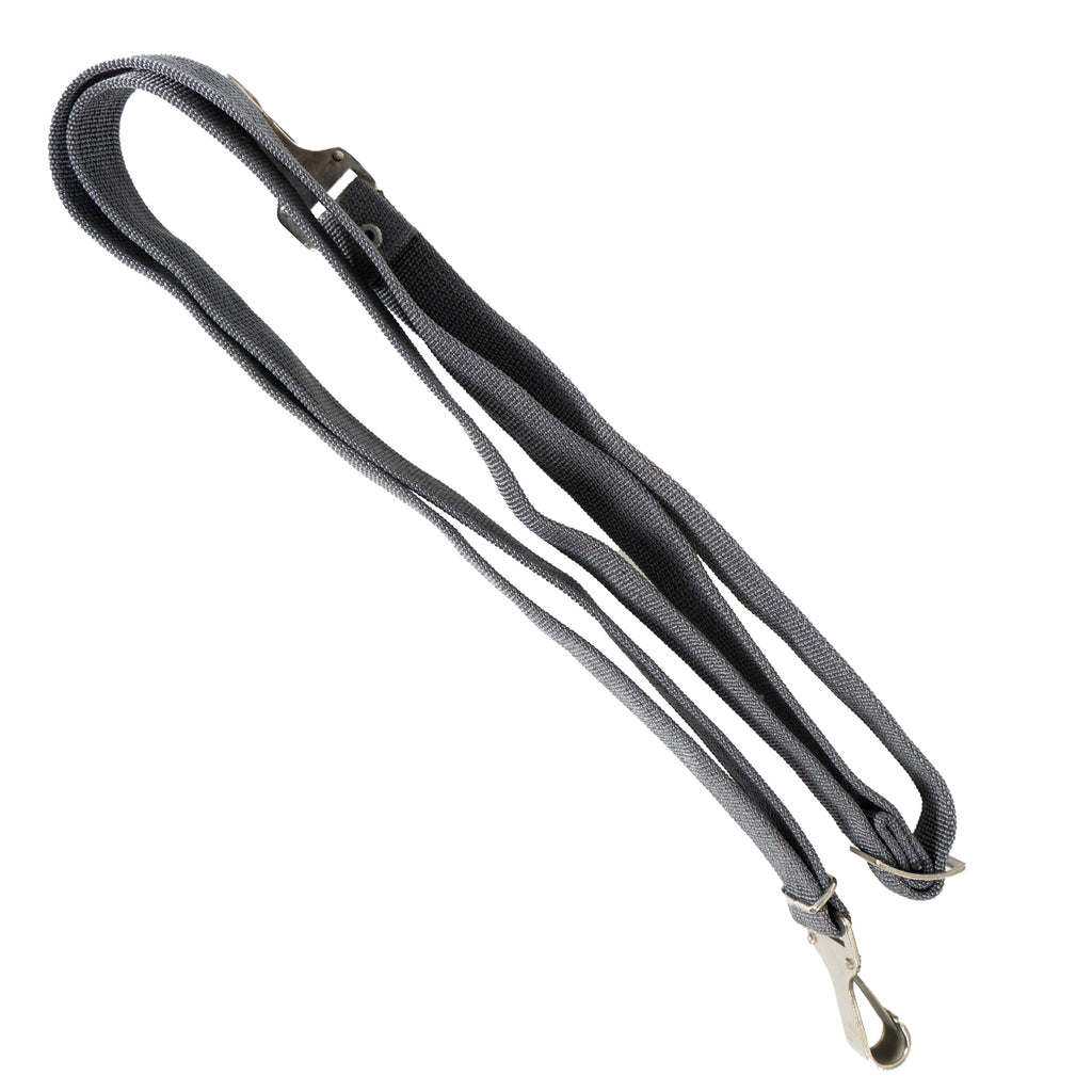 Original East German NVA shoulder carry strap in durable steingrau nylon webbing with steel attachment hooks.