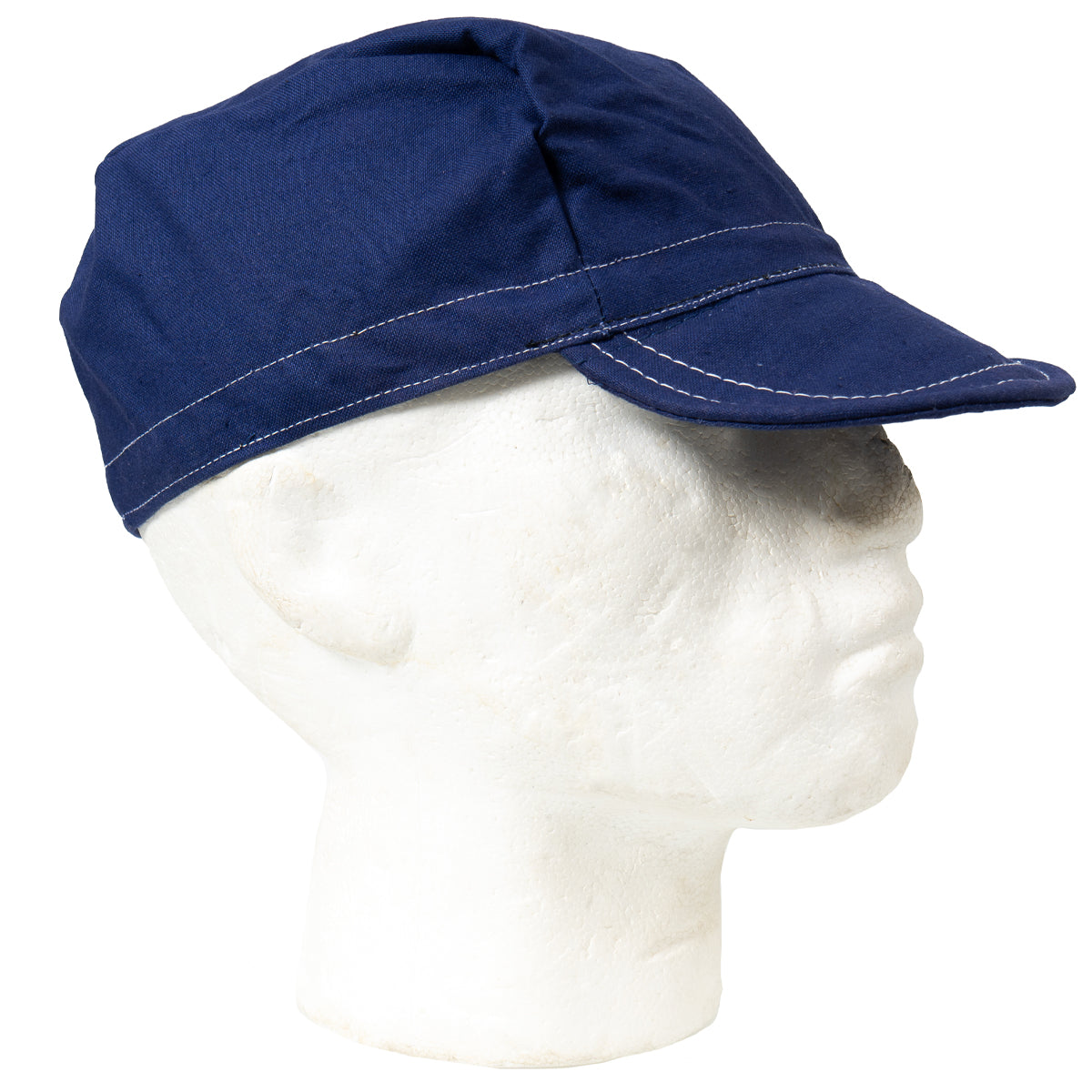 Side profile of a blue East German NVA Workers Cap on a mannequin head, showing white contrast stitching and a reinforced peak.