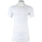 Front view of a genuine German Army white cotton undershirt vest on a mannequin, featuring a classic crew neck and breathable ribbed fabric.