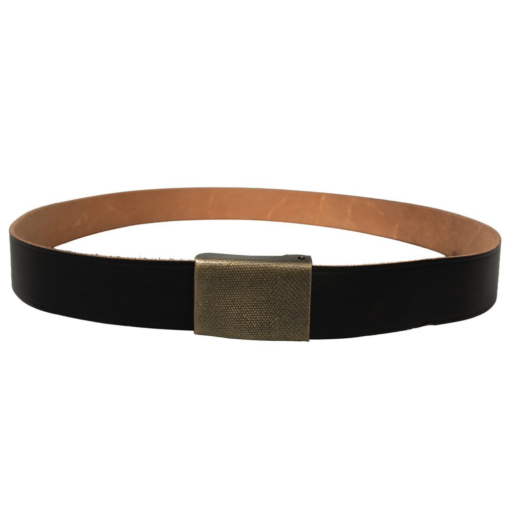 German Army style black leather belt with a rectangular pebbled buckle, shown from a slightly elevated angled perspective.