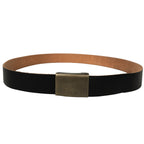 German Army style black leather belt with a rectangular pebbled buckle, shown from a slightly elevated angled perspective.