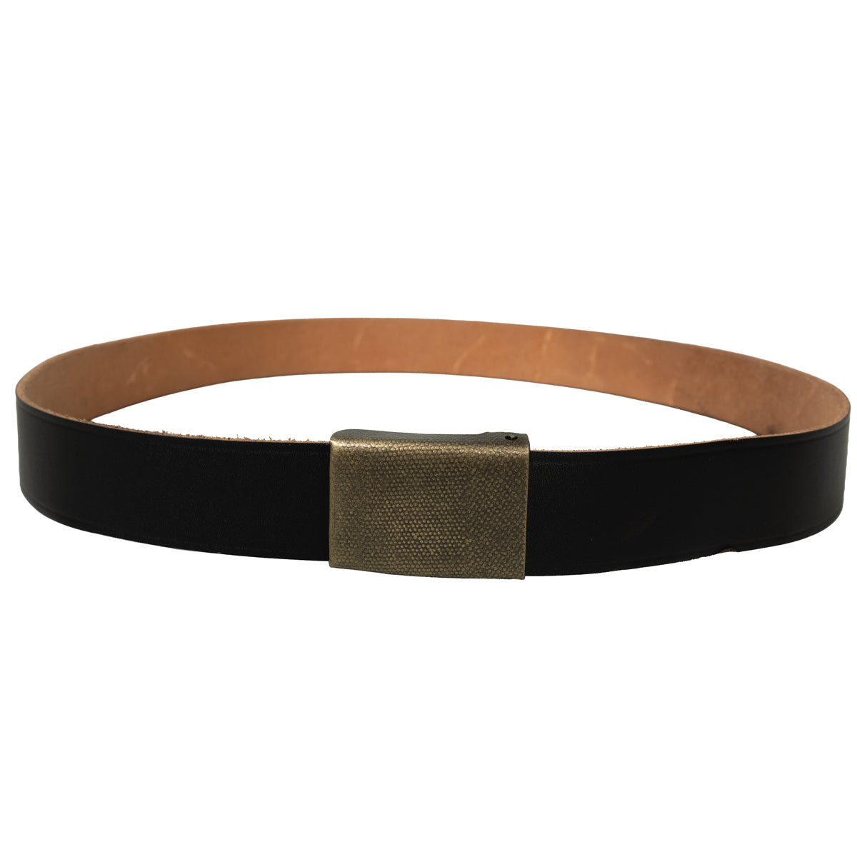 German Army style black leather belt with a rectangular pebbled buckle, shown from a slightly elevated angled perspective.