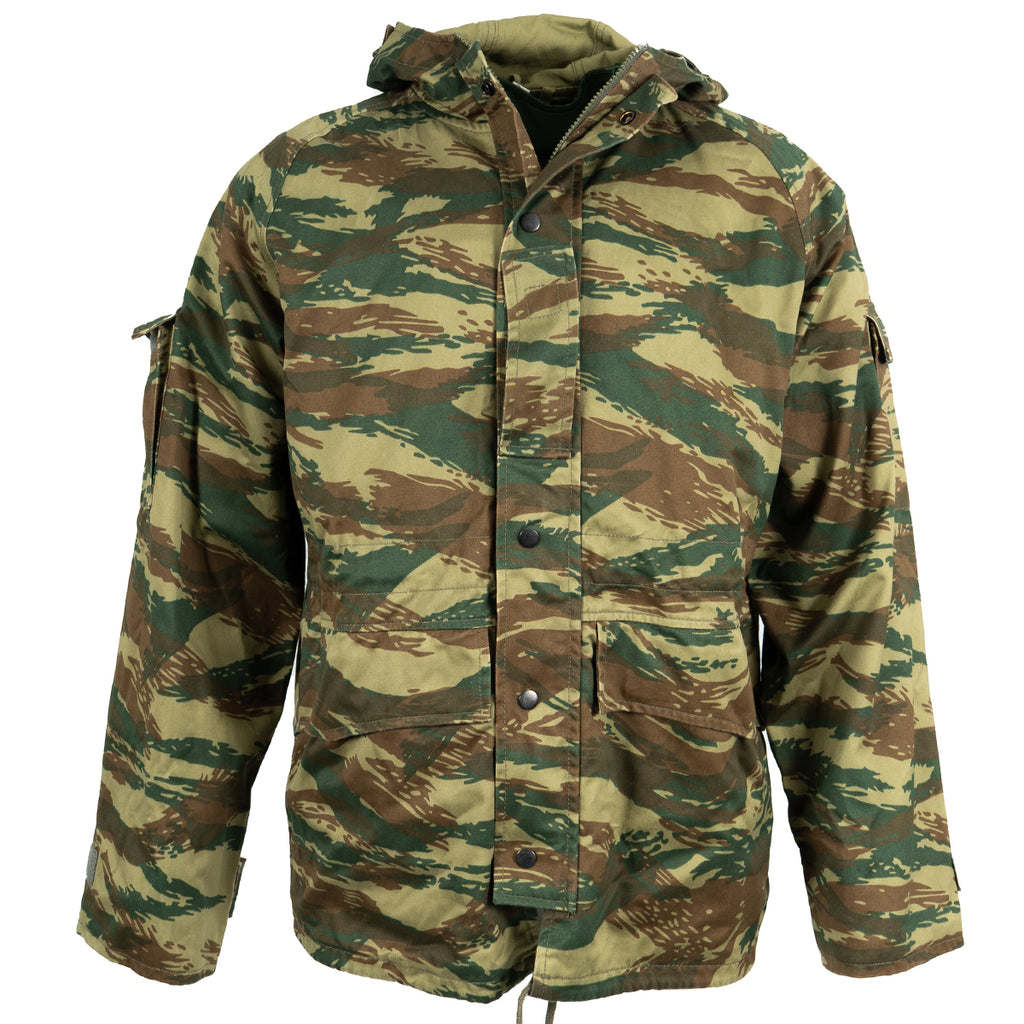 Original Greek Army M65 field jacket in a distinct Lizard Camouflage pattern with a hidden hood and front button storm flap.