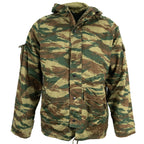 Original Greek Army M65 field jacket in a distinct Lizard Camouflage pattern with a hidden hood and front button storm flap.