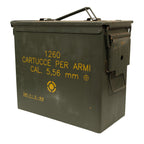 Genuine Italian Army 5.56mm NATO ammo can in olive drab steel with yellow military stenciling and carry handle.