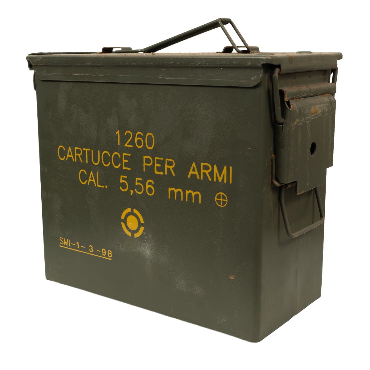 Genuine Italian Army 5.56mm NATO ammo can in olive drab steel with yellow military stenciling and carry handle.