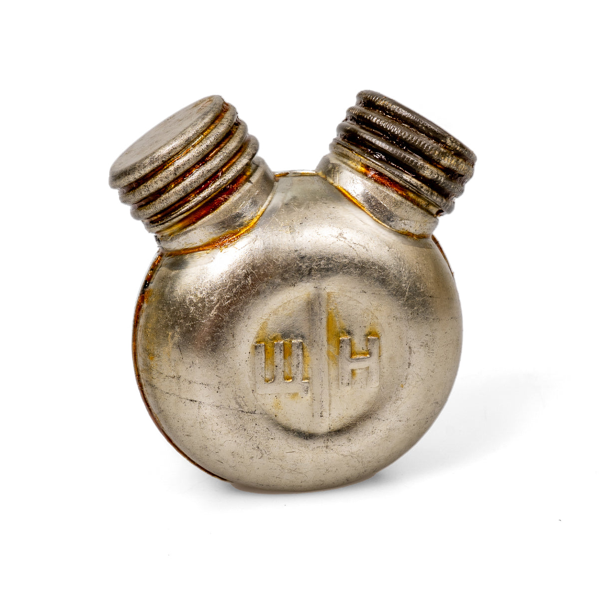 Original Soviet Russian Army dual-chamber metal oiler bottle showing Cyrillic markings for oil and solvent maintenance.