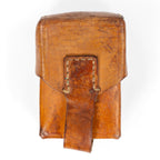 Original Serbian Army brown leather magazine pouch featuring a secure stitched strap and durable hard leather construction.