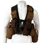 Front view of a genuine SADF Pattern 83 Light Battle Jacket in Nutria Brown, featuring front magazine pouches and adjustable webbing straps on a black mesh base.