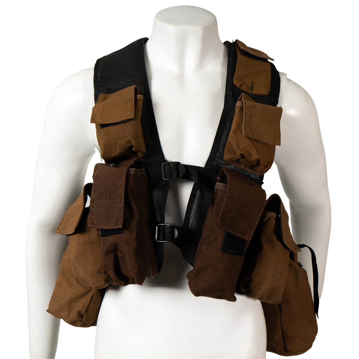 Front view of a genuine SADF Pattern 83 Light Battle Jacket in Nutria Brown, featuring front magazine pouches and adjustable webbing straps on a black mesh base.
