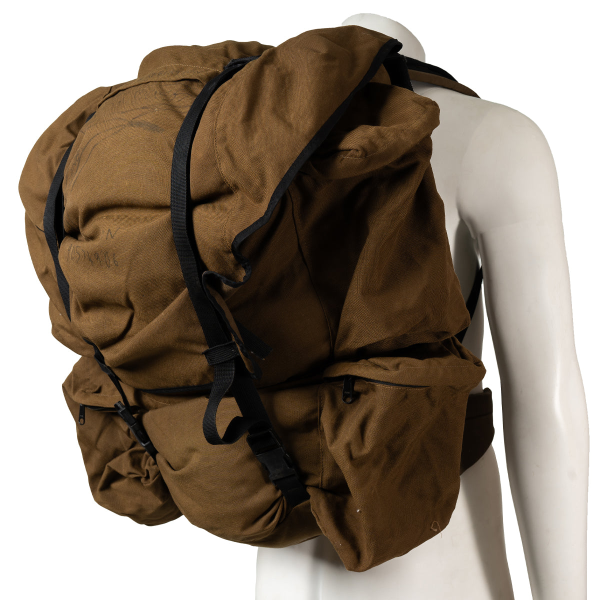 Genuine SADF Pattern 83 Grootsak in Nutria Brown Cordura nylon, worn on a mannequin to show the large 77-litre capacity and side pockets.