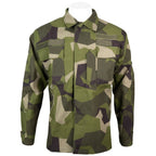 Authentic Swedish M90 field shirt in geometric camo pattern with two chest pockets and hook and loop patches.
