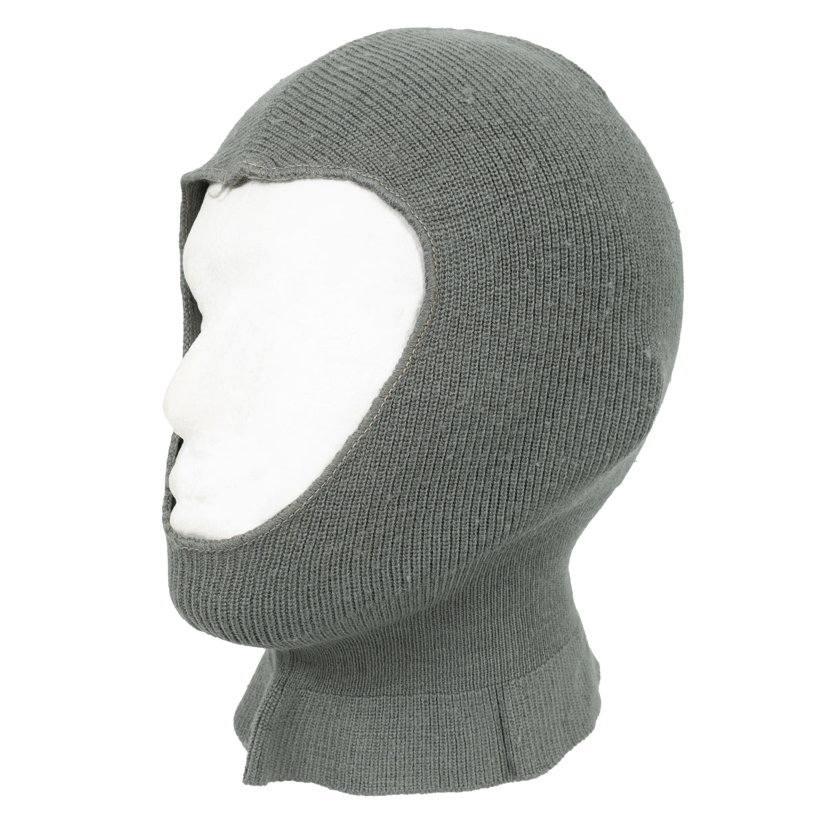 Original Swiss Army wool balaclava in field grey on a white display head, side profile showing the face opening and elasticated neck.