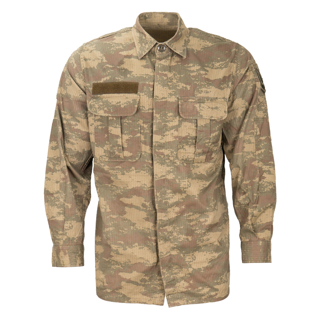 Front view of a Turkish Army field shirt featuring the distinctive pixelated TUBITAK camouflage pattern and two pleated chest pockets.