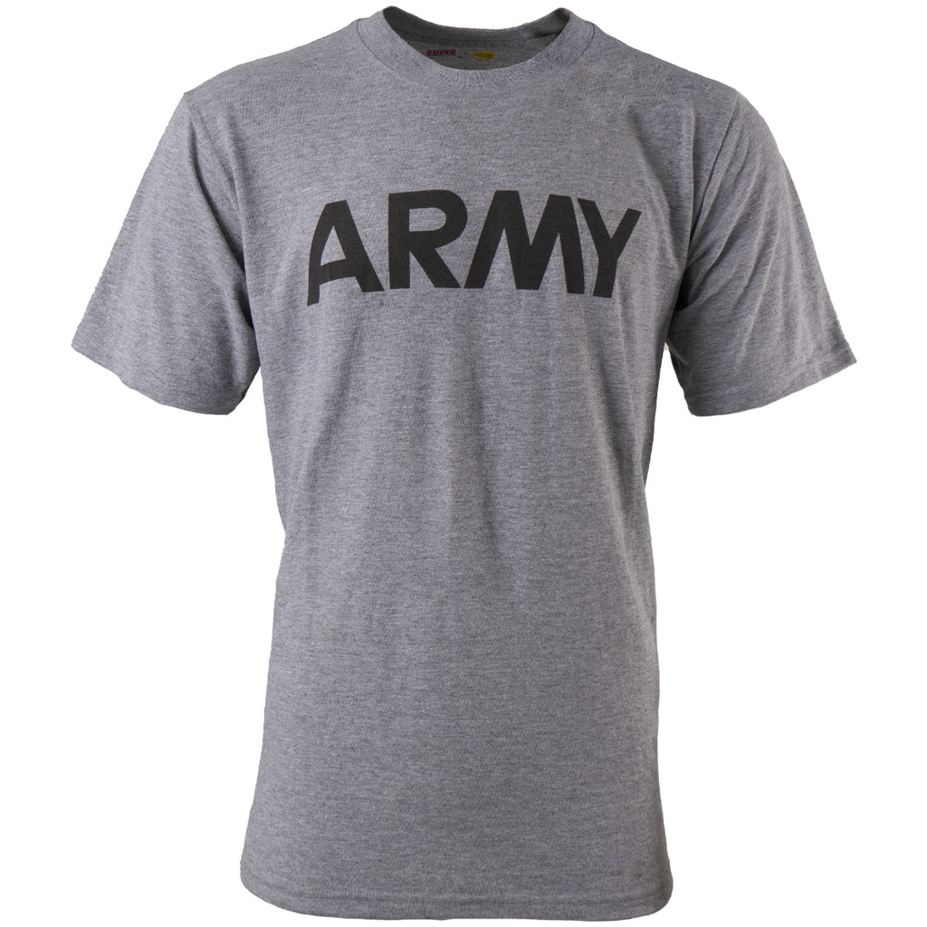 Front view of the US Army grey cotton t-shirt featuring a prominent black reflective ARMY logo across the chest.