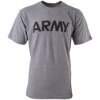 Front view of the US Army grey cotton t-shirt featuring a prominent black reflective ARMY logo across the chest.