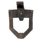Front view of a black leather Yugoslavian JNA shovel cover, highlighting the robust leather material, metal rivet reinforcement, and secure stud closure.