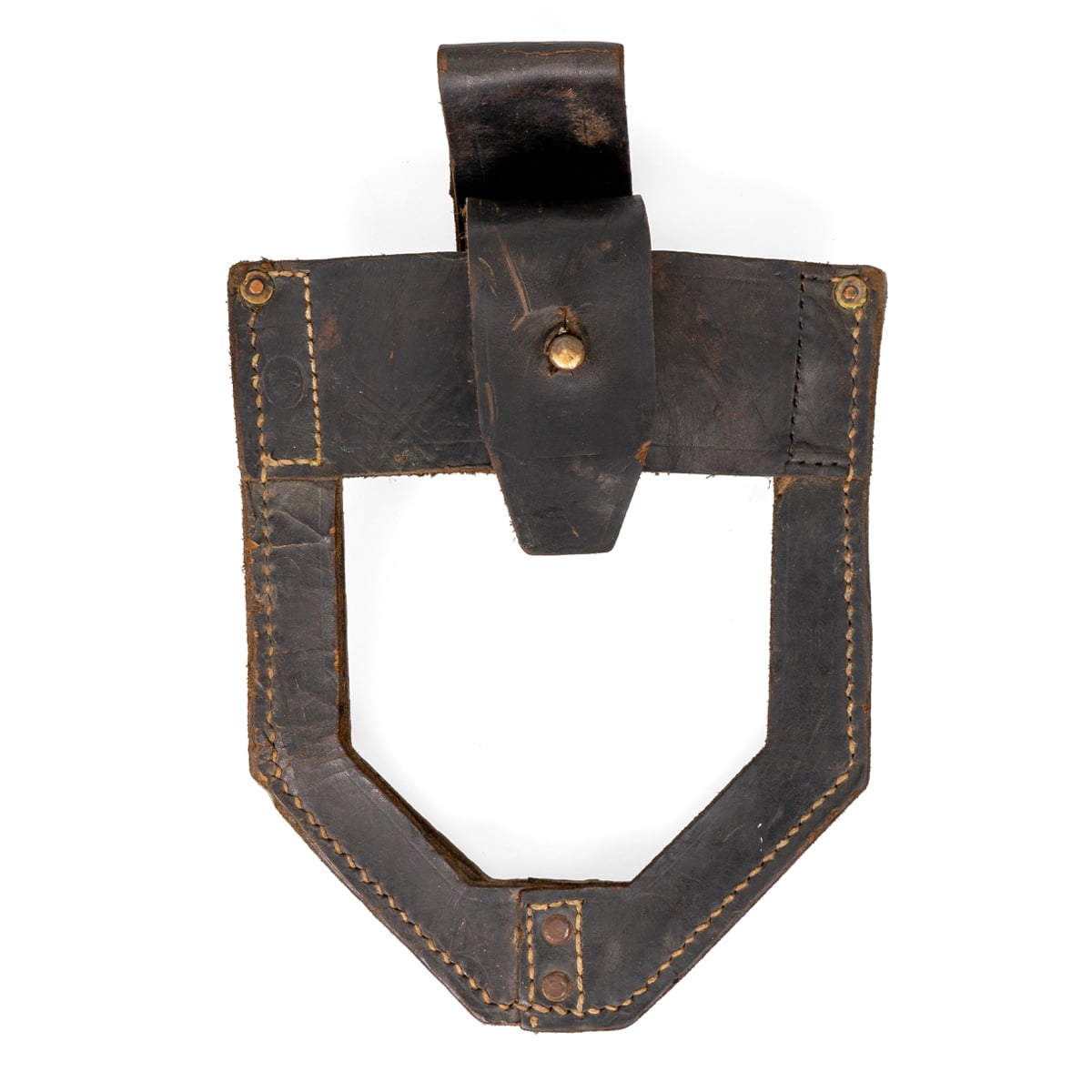 Front view of a black leather Yugoslavian JNA shovel cover, highlighting the robust leather material, metal rivet reinforcement, and secure stud closure.