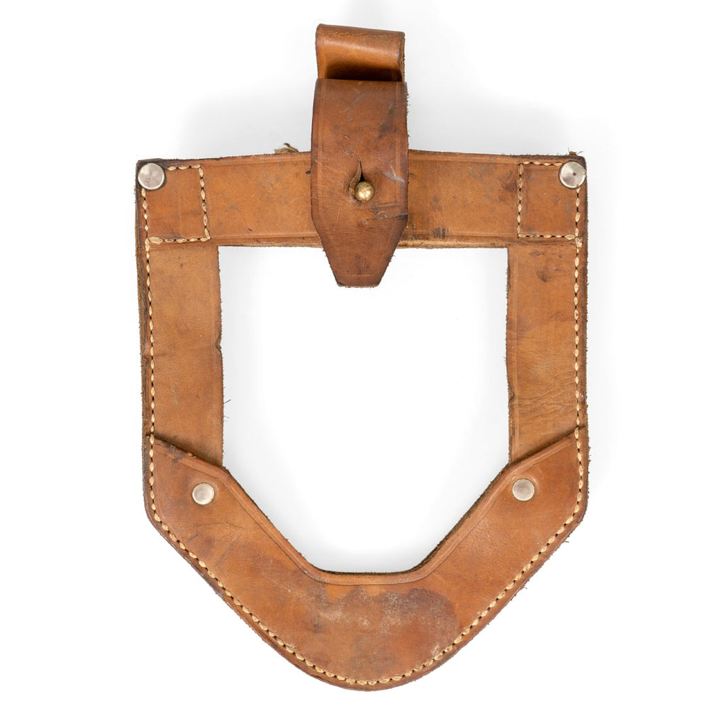 Front view of a light brown leather JNA shovel cover for a US M1943 foldable shovel, featuring a secure stud fastener and durable rivet construction.