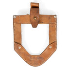 Front view of a light brown leather JNA shovel cover for a US M1943 foldable shovel, featuring a secure stud fastener and durable rivet construction.