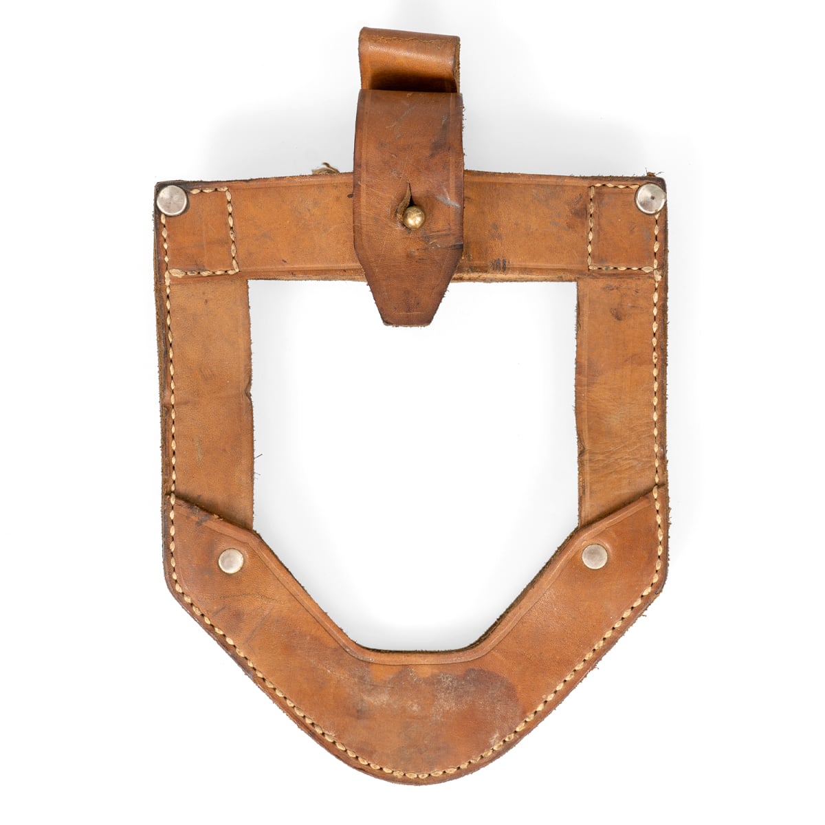 Front view of a light brown leather JNA shovel cover for a US M1943 foldable shovel, featuring a secure stud fastener and durable rivet construction.