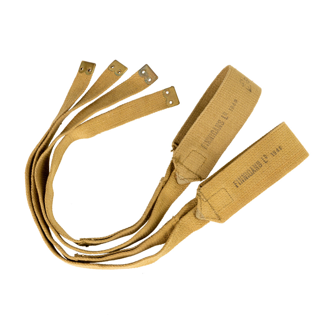 Original British 37 Pattern khaki cotton canvas cross straps, featuring brass fittings and marked detail.