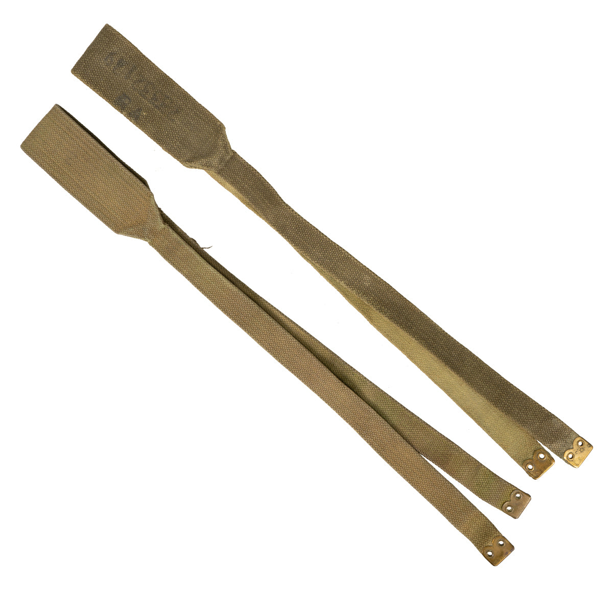 Tan 37 Pattern cross straps, flat layout showing the length and construction of the surplus canvas.
