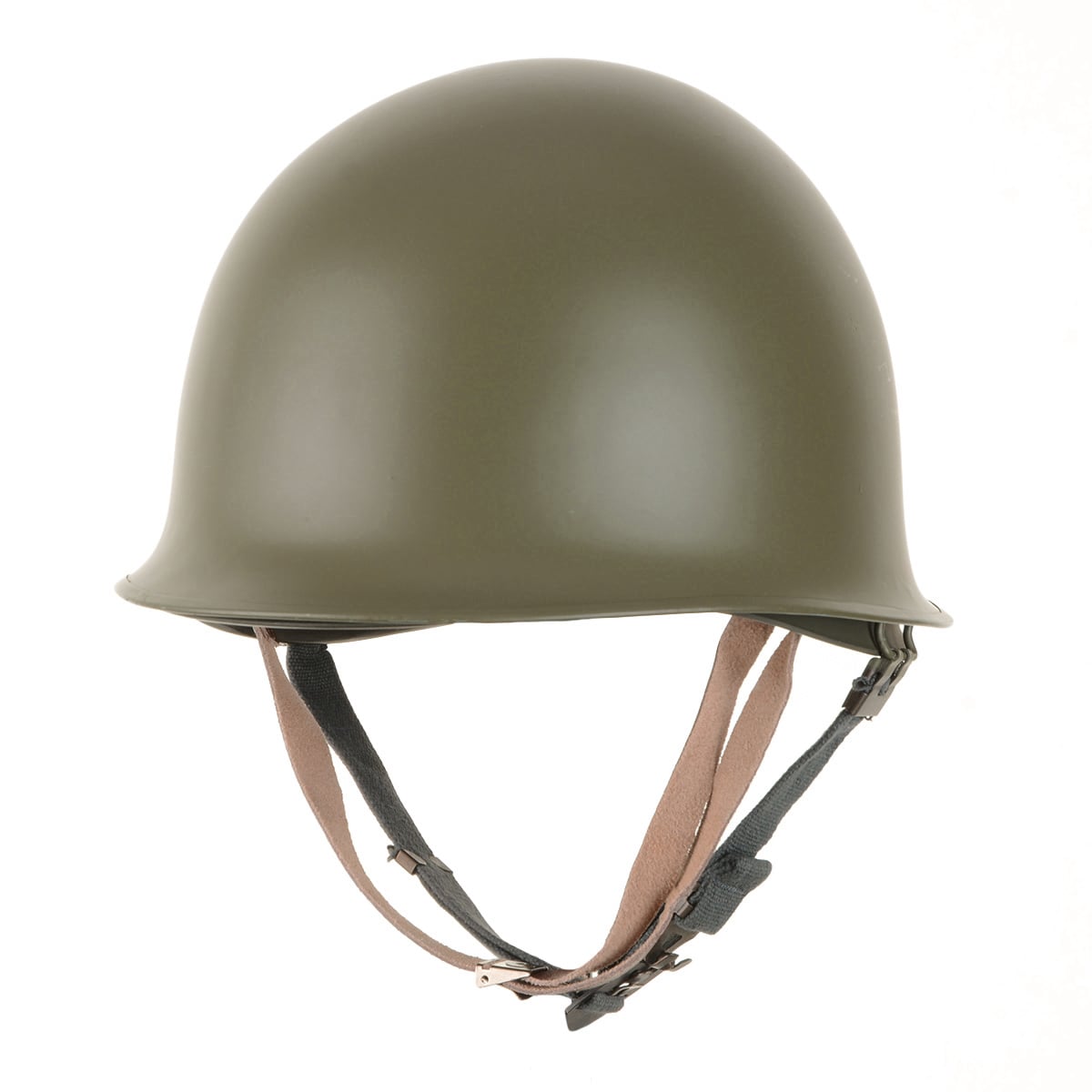 Front view of a US M1 style helmet in olive drab with adjustable chinstraps hanging down.