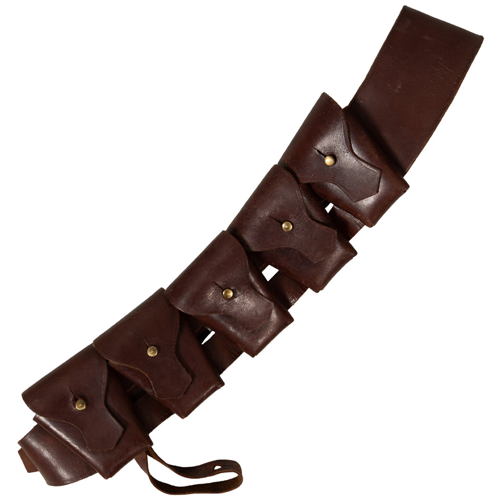 WW2 South African Pattern 1903 leather bandolier, full length view with five ammunition pockets, brass studs, and a steadying strap.