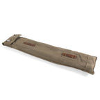 The empty olive green canvas carrying pack for the Zeltbahn tent pole kit, featuring two leather strap mounting points and metal snap closures.