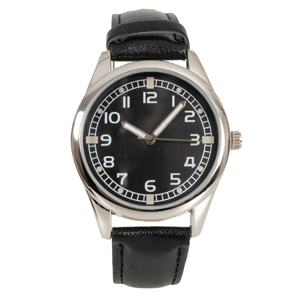 Close-up front view of Eaglemoss British 1950s Army Watch with black face, white indices, and adjustable black leatherette strap.