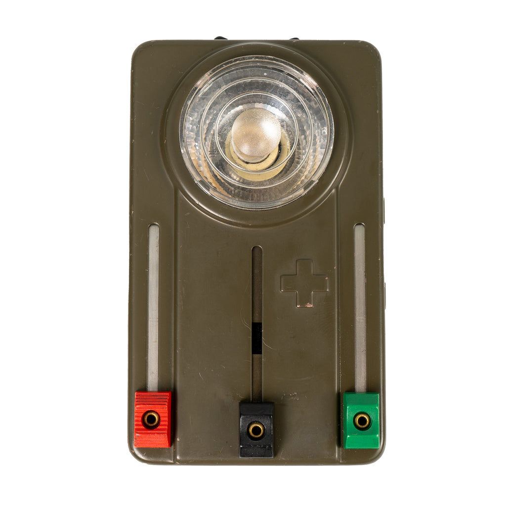 Swiss Army Type 2 signalling torch with dimming filter, red, green, and black square slide controls, and robust metal build.