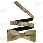 MultiCam style pre-tied camouflage bow tie showing fabric tag and adjustment strap