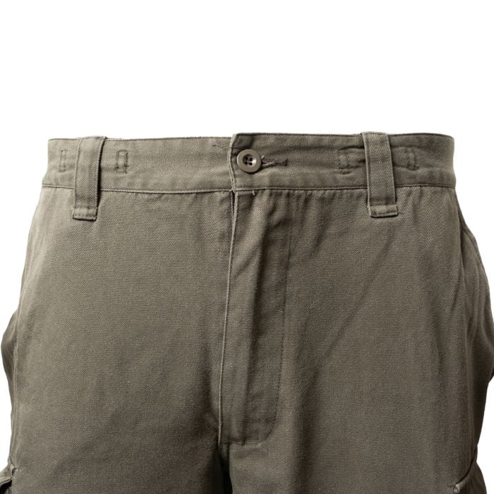 Close-up of the waistband, belt loops, and main button closure on Austrian KAZ 03 pants.