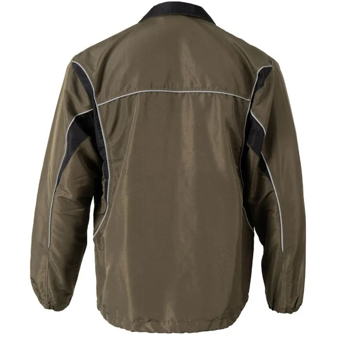 Rear view of the Austrian military sports top showing the solid olive back and high-visibility reflective silver piping across the shoulders.