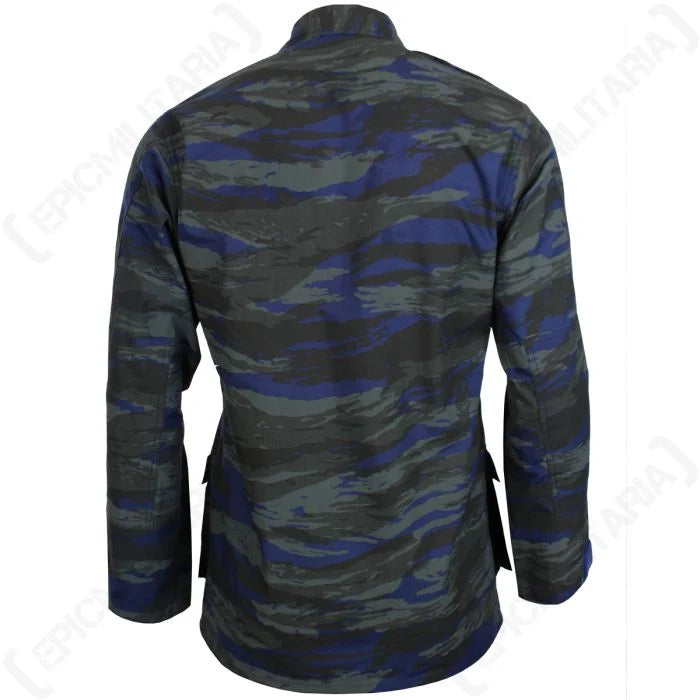 Rear view of Greek Airforce blue lizard camouflage combat jacket
