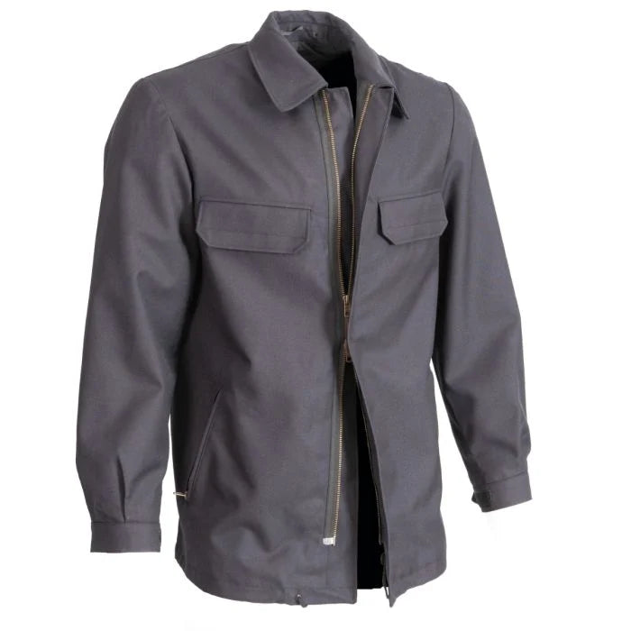 Front view of unzipped German Army Fire Brigade deck jacket showing heavy-duty brass Opti dual zipper