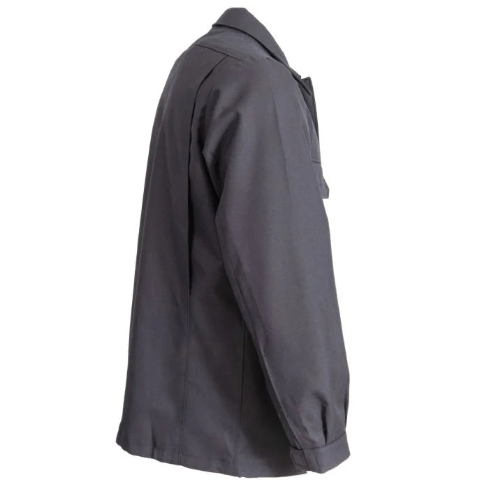 Side profile view of dark blue German Army Fire Brigade deck jacket showing sleeve fit and cuffs