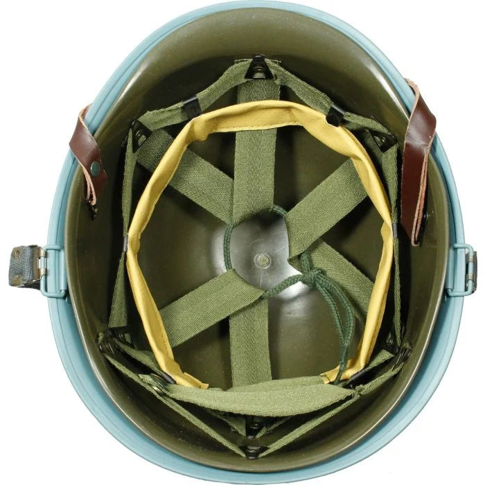 Interior view of M1 helmet composite liner with webbing suspension and leather sweatband
