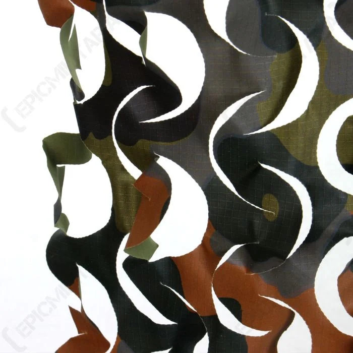 Detail view of 3D cutout foliage pattern on Flecktarn camo netting